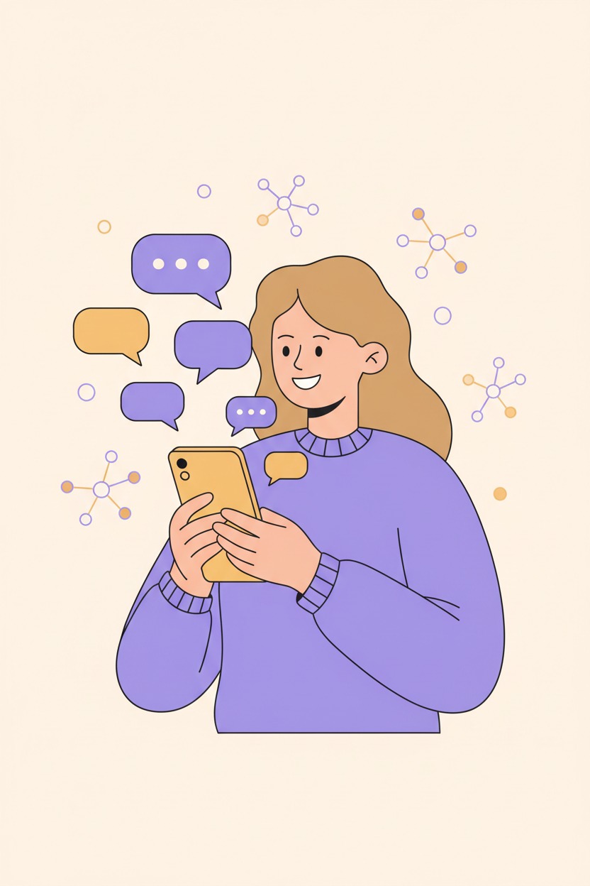 Ilustração de uma pessoa conversando por WhatsApp com balões de mensagens e conexões de Inteligência Artificial ao redor