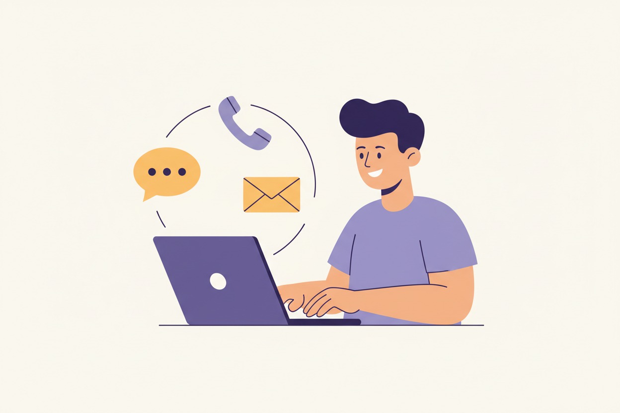 Ilustração de uma pessoa entrando em contato por telefone, e-mail e chat