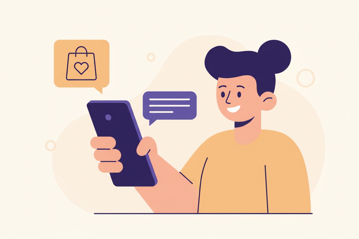 Ilustração de uma pessoa comprando pelo WhatsApp usando o celular