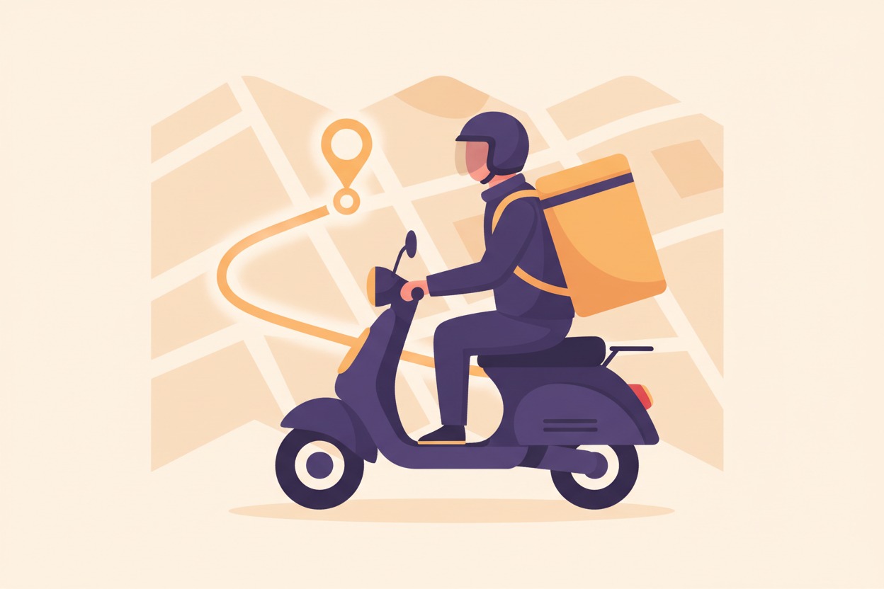 Ilustração de um entregador de aplicativo em uma moto seguindo uma rota otimizada por IA