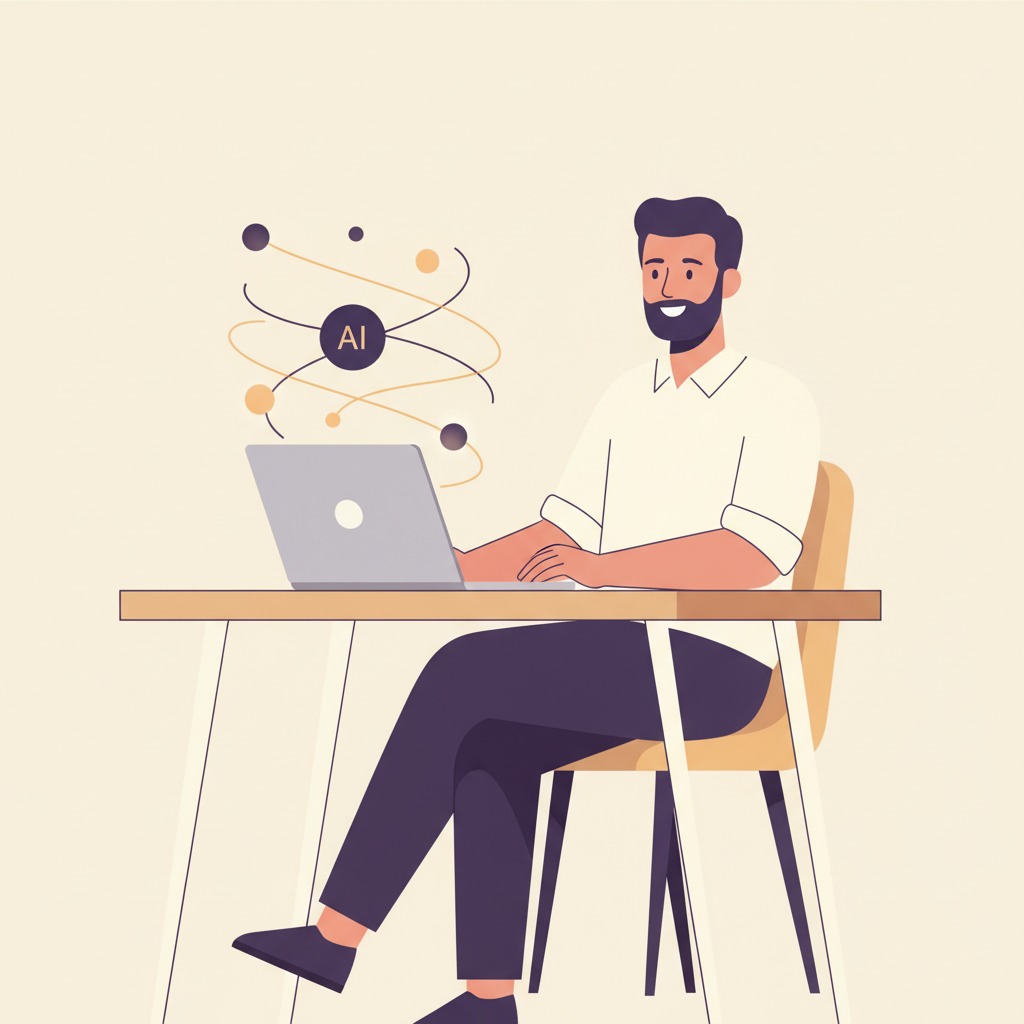 Ilustração de Adriano DC trabalhando com Inteligência Artificial
